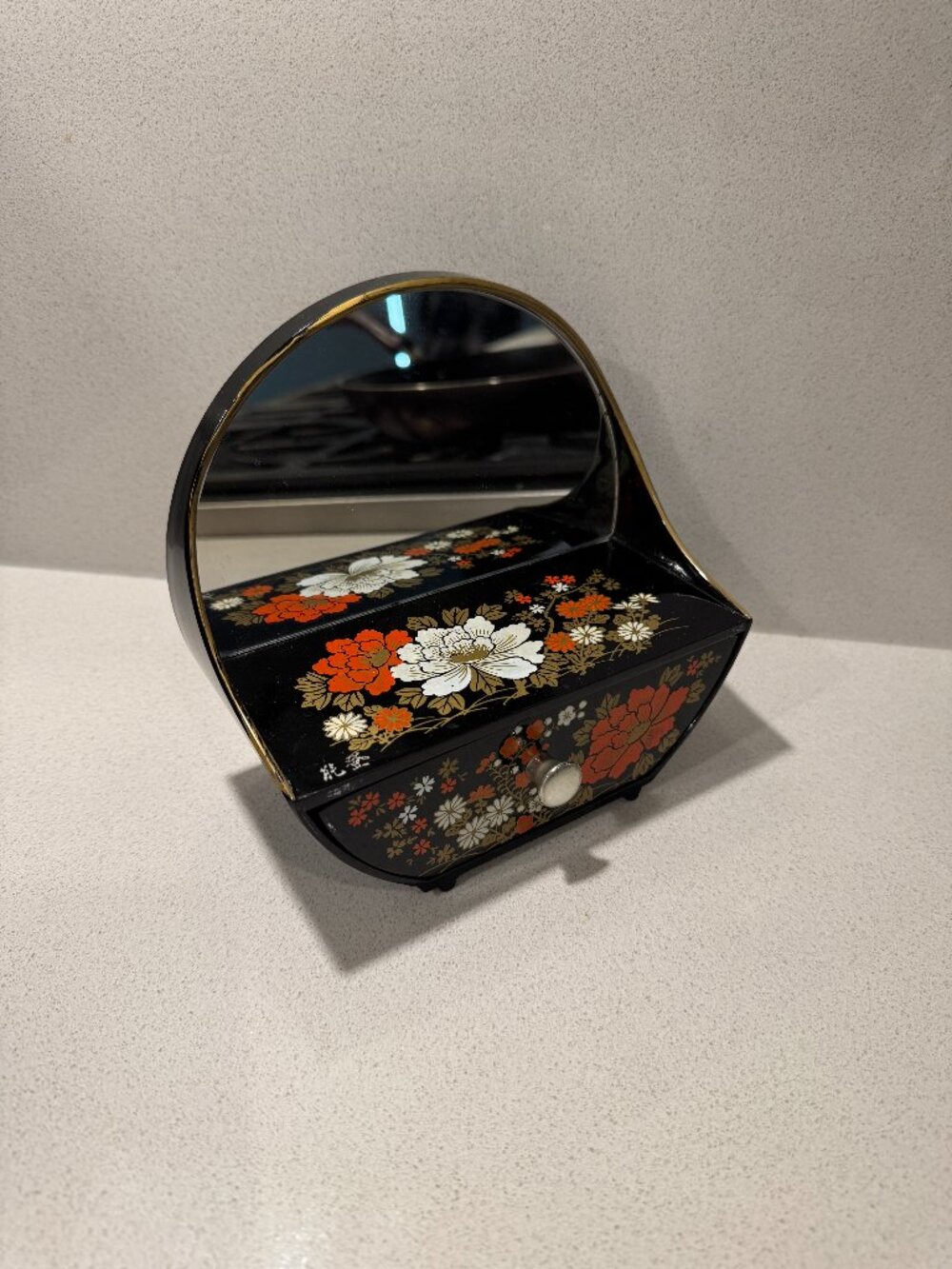 VINTAGE JAPAN FLORAL DESKTOP BOUDOIR VANITY MIRROR WITH DRAWER